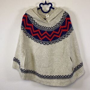Oshkosh Hooded Knit Poncho Beige Navy Blue Red Fair Isle Pullover Cape Girls Sz8